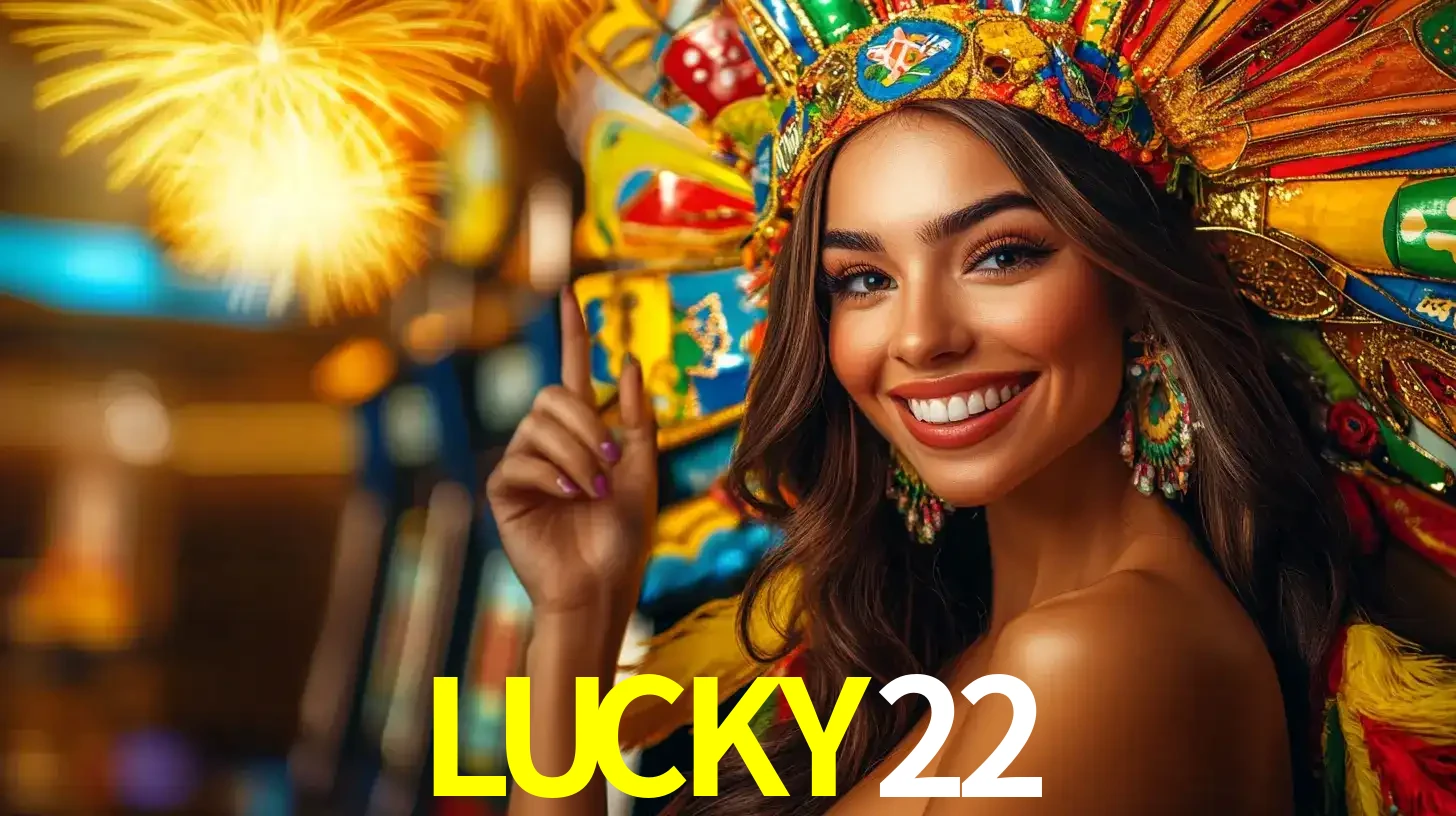 Mulher sorridente com um cocar de carnaval vibrante e colorido, celebrando uma grande vitória nos jogos do cassino LUCKY22 com fogos de artifício ao fundo.