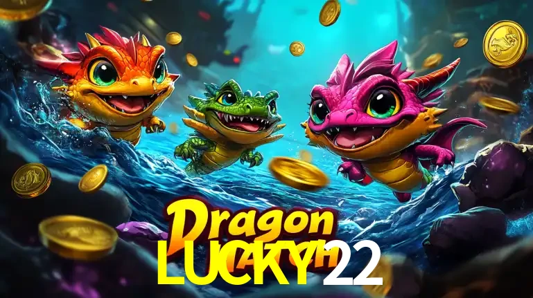 Arte promocional do jogo Dragon Hatch com três adoráveis dragões bebês nadando entre moedas de ouro, um dos slots mais divertidos para jogar no cassino LUCKY22.