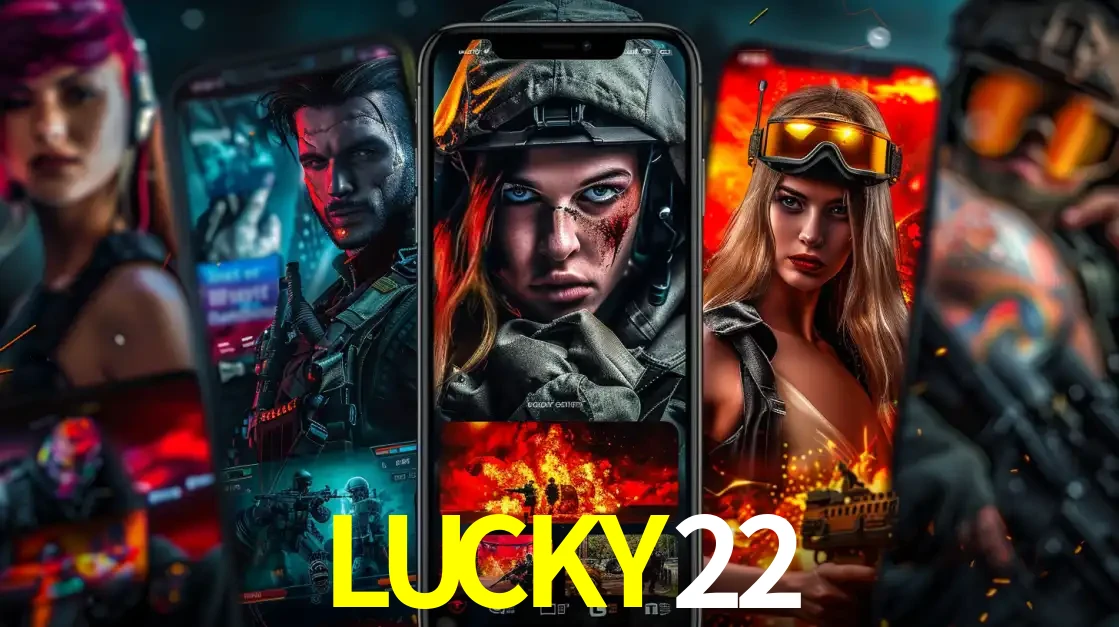 Montagem de telas de celular mostrando diversos personagens, masculinos e femininos, de um jogo de tiro, ilustrando a diversidade de equipes de e-sports para apostar no LUCKY22.