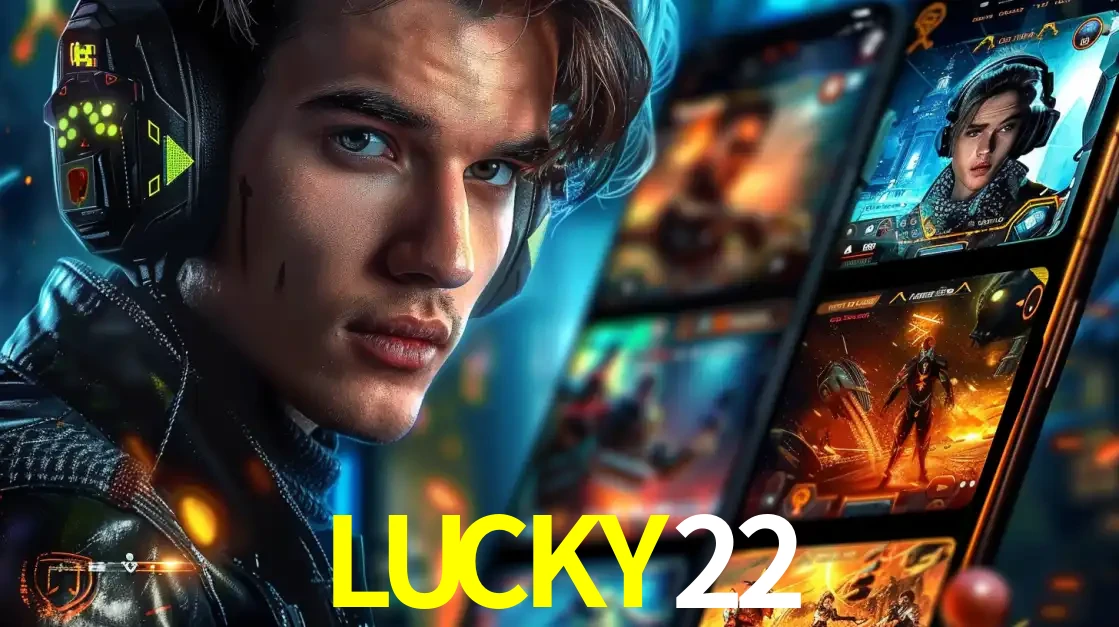 Jovem jogador com fones de ouvido olhando para a câmera, com um aplicativo de jogos e e-sports para celular ao fundo, pronto para a competição e apostas no LUCKY22.