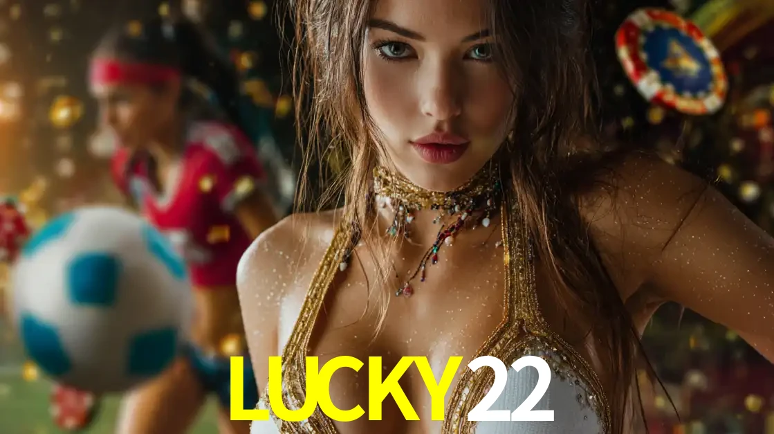 Mulher elegante representando a combinação de glamour e emoção das apostas esportivas, com uma jogadora de futebol ao fundo, destacando a ação no LUCKY22.