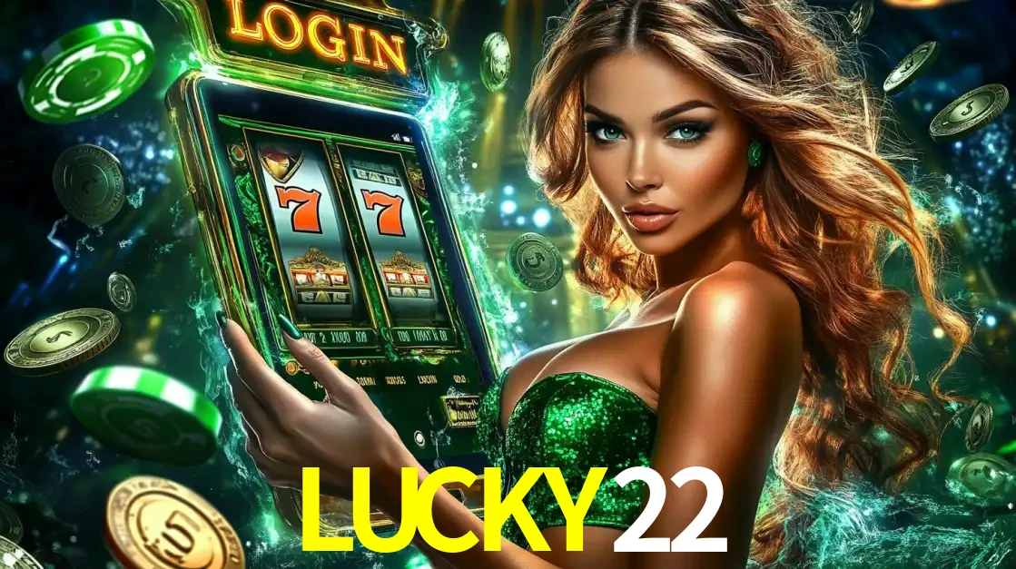 Mulher com tema verde apresentando o aplicativo do cassino LUCKY22 com um jogo de slot de 777, cercada por fichas de cassino e uma aura de sorte.