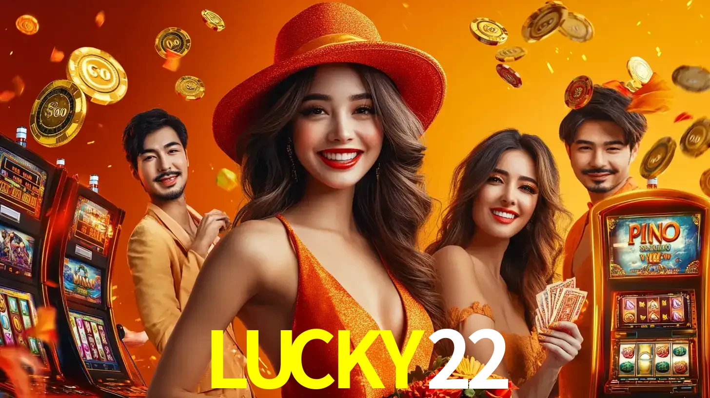 Grupo de amigos asiáticos sorrindo e se divertindo com máquinas de caça-níqueis em um ambiente festivo, celebrando suas vitórias nos jogos de cassino do LUCKY22.