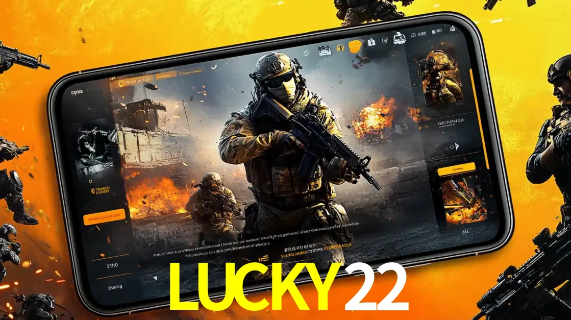 Um smartphone exibindo a interface de um jogo de tiro em primeira pessoa, com um soldado em um cenário de batalha, representando a ação dos e-sports para apostar no LUCKY22.