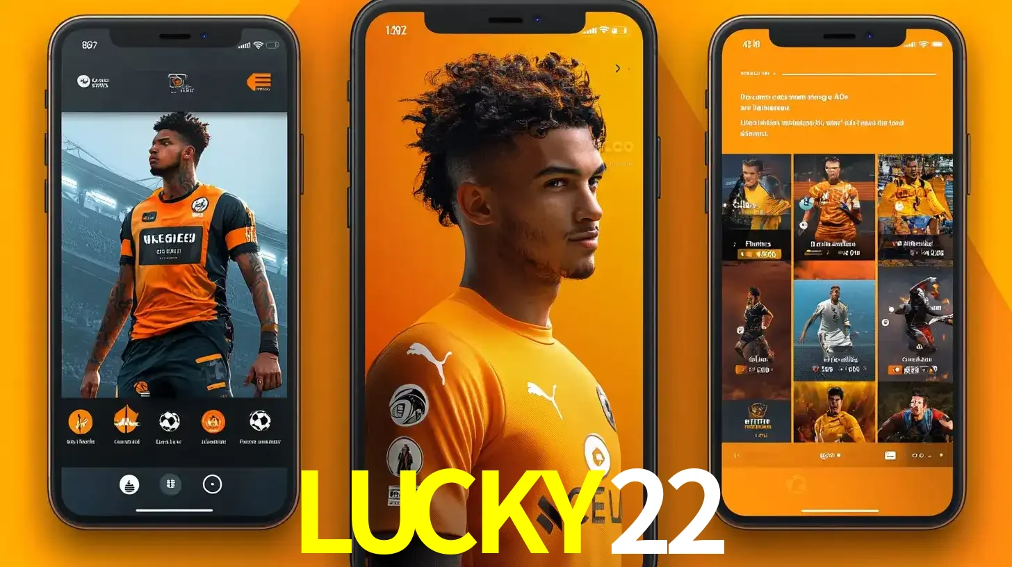 Interface do aplicativo de apostas esportivas LUCKY22 em três telas de celular, mostrando o perfil de um jogador de futebol e a lista de jogos disponíveis para apostar.