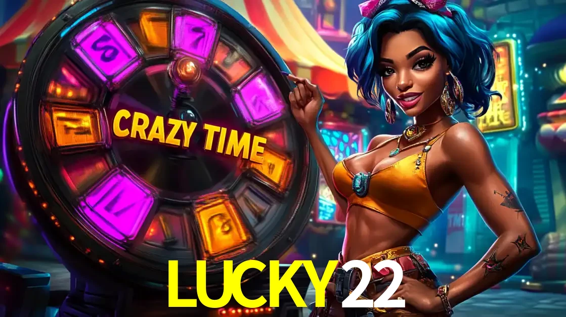 Mulher estilizada com cabelo azul e visual vibrante posando ao lado da roda de prêmios do game show Crazy Time, convidando para a diversão e os bônus do cassino LUCKY22.