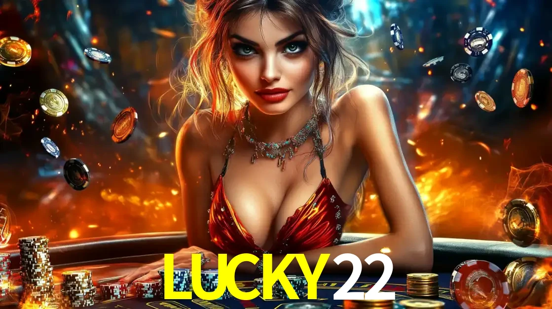 Mulher em uma mesa de cassino com pilhas de fichas e um fundo de fogo, pronta para uma rodada de altas apostas nos jogos de mesa emocionantes do cassino LUCKY22.